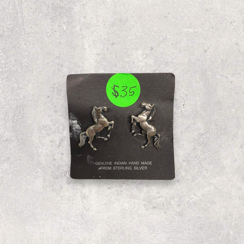 Handmade Authentic Native American Sterling Silver Horse Stud Earrings
